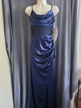 Elegant Navy Satin Cowl Neck Evening Gown